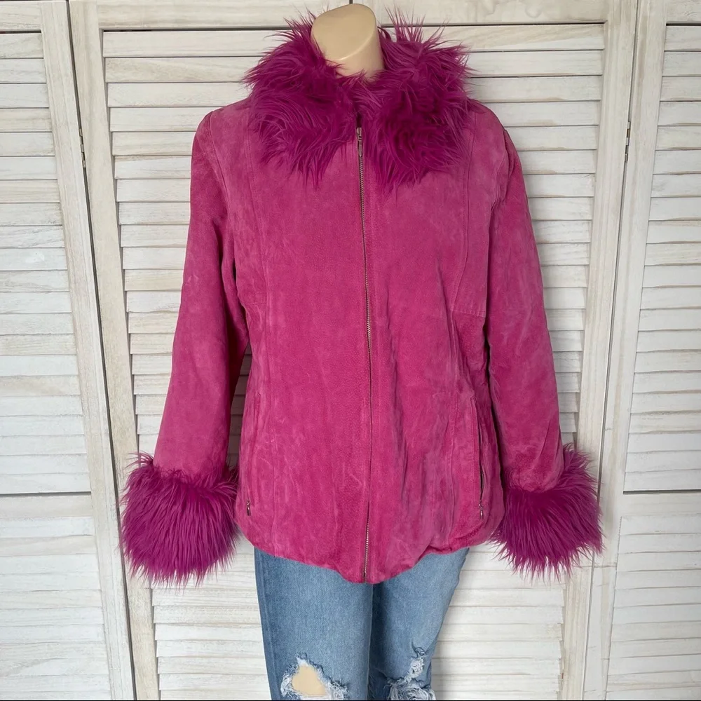 WILSONS LEATHER MAXIMA 90s PINK LEATHER W/ FAUX FUR TRIM COAT - Picture 4 of 14